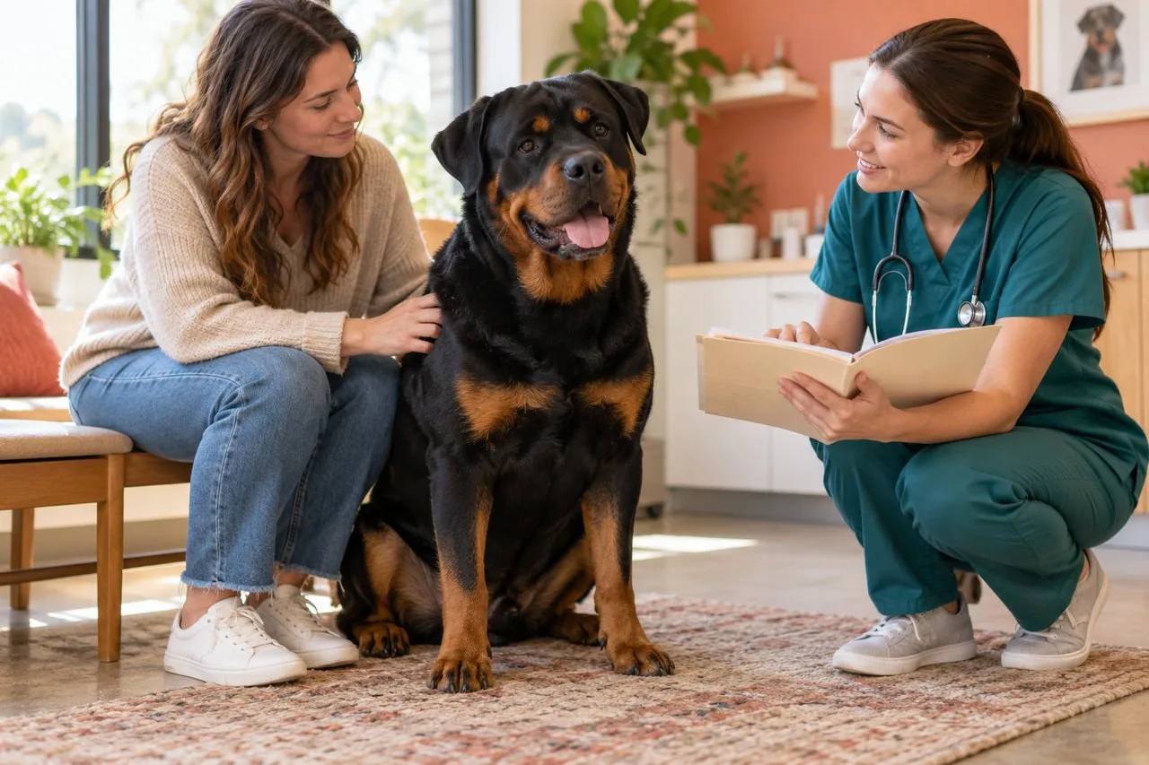 Owner and veterinarian discussing a folder beside a black-and-tan dog
