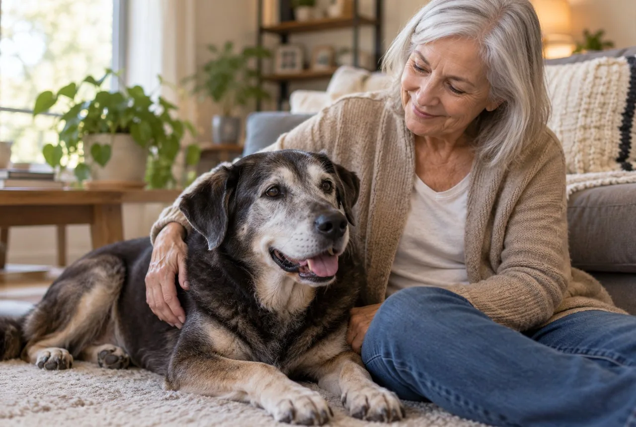 Owner resting a hand on a gray-muzzled dog lying on a rug